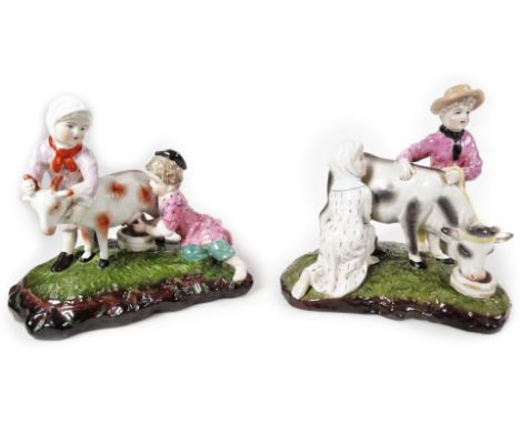 Two continental semi porcelain figure milking groups formed with children, polychrome decorated in pink, black, white and blu