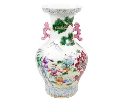 A Chinese porcelain famille rose baluster vase, with compressed trumpet stem, shaped handles and bulbous body, heavily decora