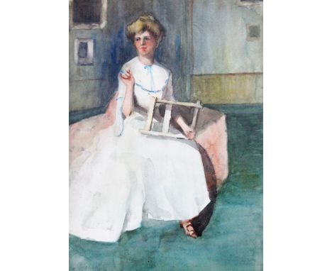 Helen M. Rolland (ex.1923-35). Portrait of a young lady seated with craftwork frame,  watercolour,indistinctly signed and dat