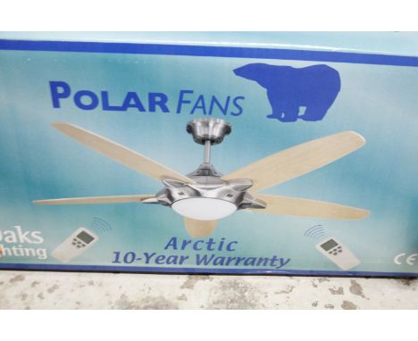 *As new Polar Fans oak lighting four spoke ceiling fan. (boxed)  