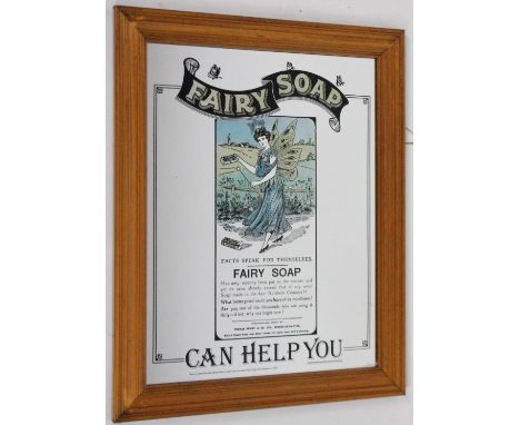 A late 20thC Fairy Soap advertising mirror, Fairy Soap Can Help You, with plain glass in light wood frame, 67cm H, 56cm W, 3c