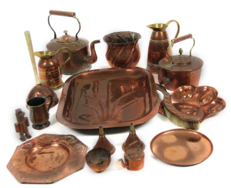 Various early 20thC and later copper ware, turkey dish of shaped form, 51cm W, crumb scoop, funnels, kettle, brass and copper