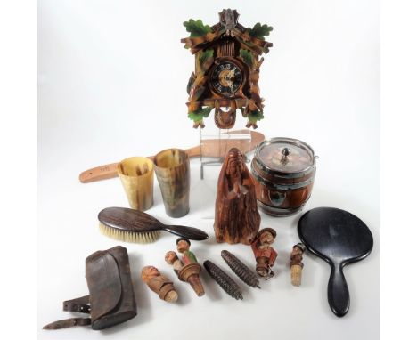 Various treen, bygones, collectables, etc., an oak biscuit barrel with plated mounts, 15cm H, various Scandinavian wooden bot