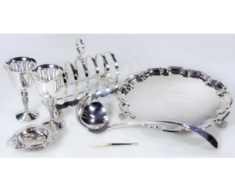 Various silver plate, to include a soup ladle, waiter, toast rack, and two goblets. (a quantity various dimensions)