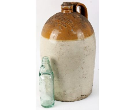 A late 19thC two coloured stoneware flagon, marked James Severn Nottingham with cork top, 45cm H and Codd-neck bottle Dickins