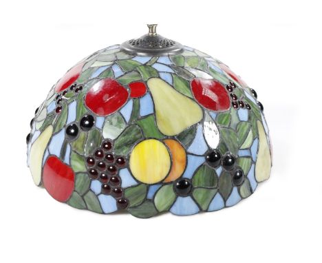 *An as new light fitting, with Tiffany style shade decorated with fruits predominately in red, green and blue, 35cm Dia.