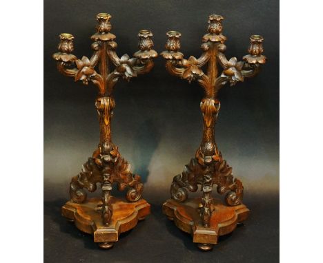 Black Forest - a pair of three branch four light candelabrum with leaf cast nozzles, drip pans and C-scroll branches supporte