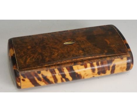 An unusually large tortoiseshell and burr maple snuff box, the hinged lid with oval mother of pearl cartouche, the base burr 