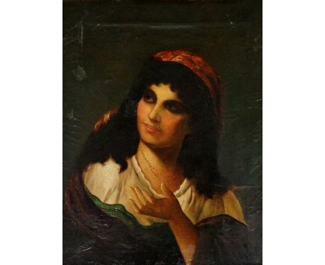 M Sidoli - head and should portrait of a gypsy woman, oil on canvas, signed top right in black, 50cm x 39cm, unframed (faults