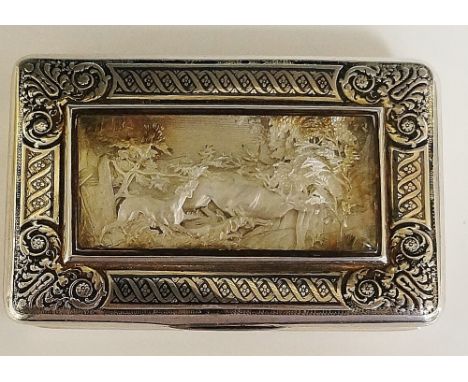 A 19th Century continental silver snuff box, the hinged lid with central relief panel depicting pair of dogs bringing down a 