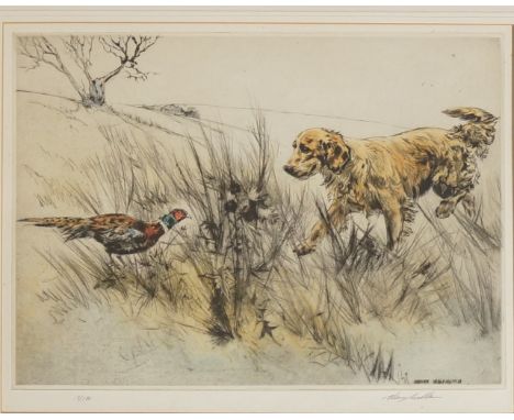 Henry Wilkinson - gun dog and pheasant in winter landscape, coloured etching, signed by the artist lower right and numbered i