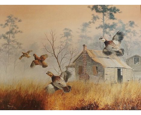 David A. Maass - Grouse flying over tumble down shack, a winter scene, limited edition print numbered 114/1200 artograph edit