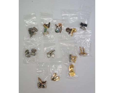 A collection of cufflinks of various designs, to include a pair depicting Scottie dogs, others with Tartan, mother of pearl, 