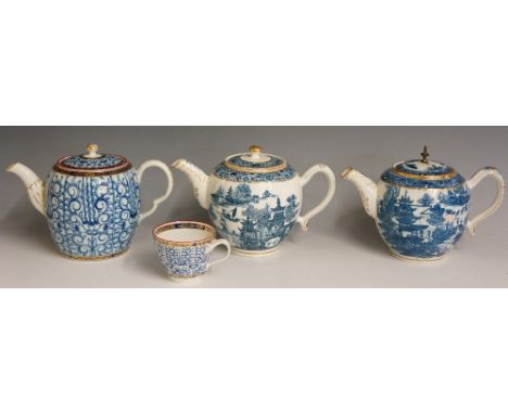Three Caughley teapots, two of globular shape, transfer printed in under glaze blue with Chinoiserie patterns within formal h