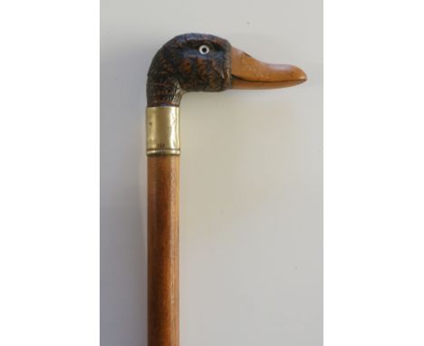 A walking stick with the handle realistically carved as a duck's head, plain brass collar marked WM,, wooden shaft, 91cm high