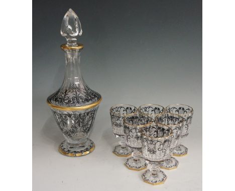 Baccarat - A decanter and six matching wine glasses, all slice cut and enamelled in black with flowers and arabesques picked 