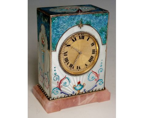 Geneva Clock Company - a Swiss enamelled silver mantel clock the top with central oval panel finely enamelled with a floral r