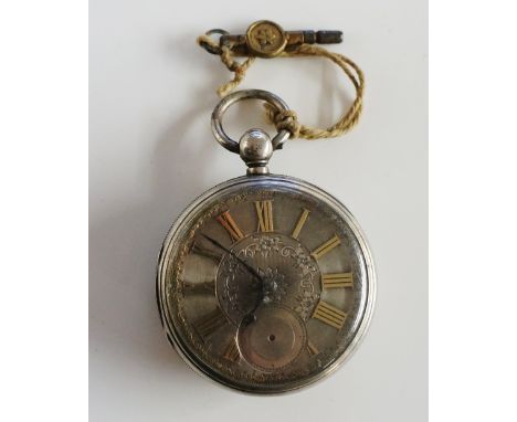 A Victorian silver faced fusee pocket watch, the dial foliate engraved to the centre with subsidiary seconds dial and gilt Ro