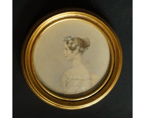 A 19th Century head and shoulder portrait of a young woman, wearing floral garland and pearl earrings, hand coloured lithogra