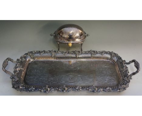 A plated two handled serving tray with cast border of bunches of grapes and trailing vines, diamond pierced sides, scrolling 