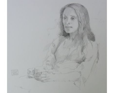 Julian Gordon Mitchell (1968- ) - half length portrait of a seated lady holding a mug in her hands, pencil, signed lower left