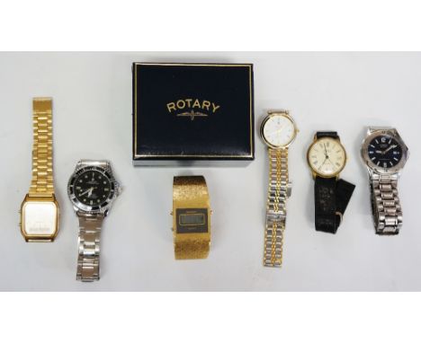 A selection of gents watches, to include examples by Rotary, Lorus, two faux Rolexes, etc. (qty) (faults)