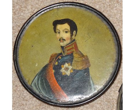 Snuff box, Japanned papier mache with competent, but naïve, hand painted portrait of an early 19th century European military 