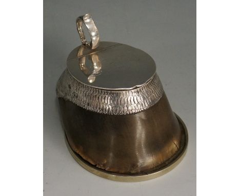 A Victorian silver mounted hoof ink well, the lid with scroll handle and engraved 'Sultan, Died August 1868', the silver to t