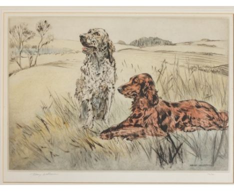 Henry Wilkinson - gun dogs in extensive landscape, coloured etching, signed by the artist lower left in pencil and numbered 1