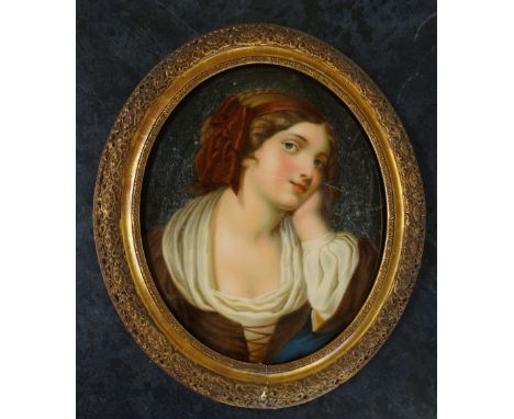 English School, mid 19th Century - head and shoulder portrait of a young girl, oil reverse painted on glass, oval, 44cm x 36c