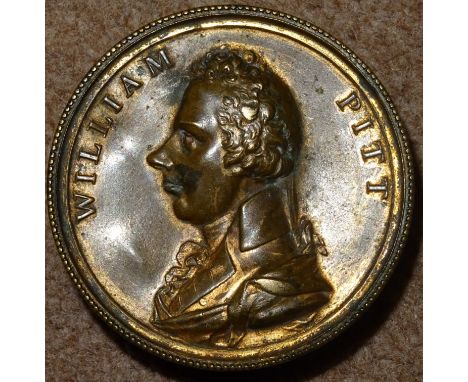 George III, Political, William Pitt the Younger, round snuff or cashew box, gilt copper c55x26mm, the lid with an embossed po