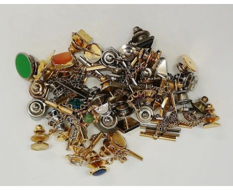 A quantity of gents tie pins, mostly gold tone and silver tone examples, some gem set, one modelled as a plane, another as a 