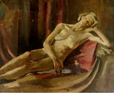 English School, early 20th Century - full length nude portrait of a reclining woman, oil on canvas, 51cm x 61cm, unframed (fa