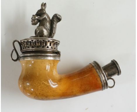 A Victorian silver mounted Meerschaum pipe the hinged lid set a squirrel holding a nut, claw set white stone, pierced waisted