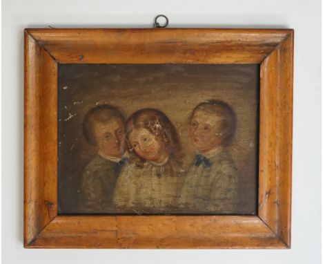 English School, mid 19th Century - head and shoulder portrait of three children, oil on artist board, 15.5cm x 20.5cm, maple 