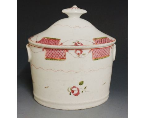 An English porcelain sucrier and cover decorated with pink hatched panels linked by floral headed beaded drapes, the body wit