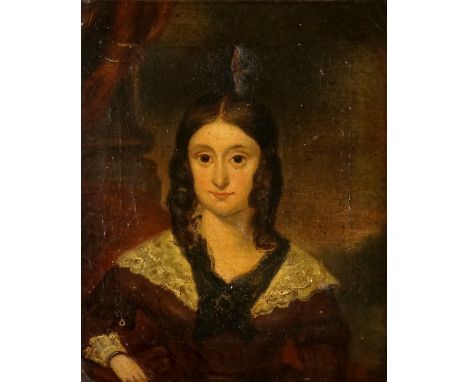 English School, mid 19th Century - half length portrait of a young girl, oil on canvas, 30cm x 24cm, framed (faults)