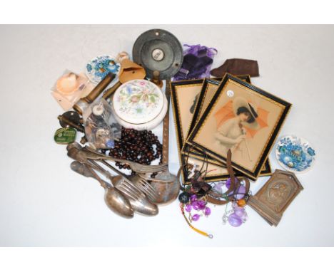 A large collection of various items to include small prints, bronze Dickens door knocker, Arts & Crafts copper spoons etc. 