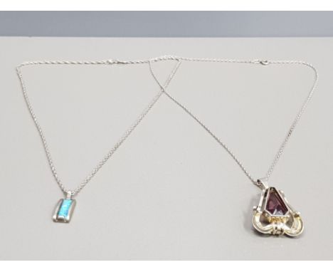 SILVER ROPE CHAIN SET WITH OPAL PENDANT PLUS SILVER CHAIN WITH PURPLE STONE PENDANT 13.3G GROSS