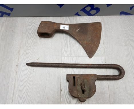 LARGE ANTIQUE LOCK AND KEY WITH AXE HEAD