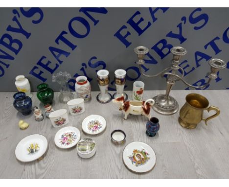 COLLECTION OF MIXED ITEMS INCLUDING SILVER PLATED CANDLESTICK HOLDER, ROYAL WORCESTER PLATES, POTS AND TRINKET BOX WITH A SMA