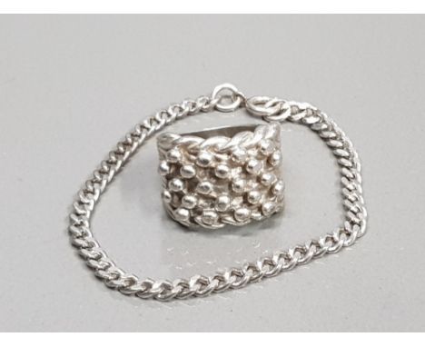 SILVER CURB BRACELET AND 1 SILVER KEEPER RING 26G