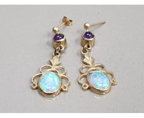 9CT YELLOW GOLD AMETHYST AND OPAL DROP EARRINGS 2.9G GROSS