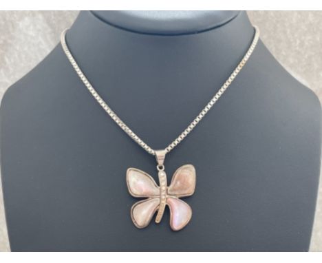 2 SILVER PENDANTS AND CHAINS BEAUTIFUL BUTTERFLY AND ENAMEL