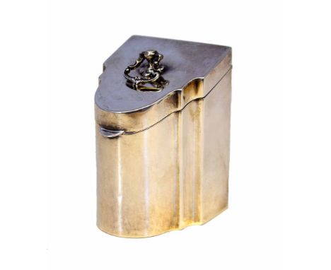 Silver tea caddy by William Hutton &amp; Co, silver gilt interior, hinged lid with floral and scrollwork handle, marks for Wi