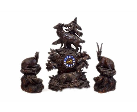 Victorian Black Forest mantel clock. Depicting mountain goats in an evergreen forest landscape. Dial has blue enamel Roman nu