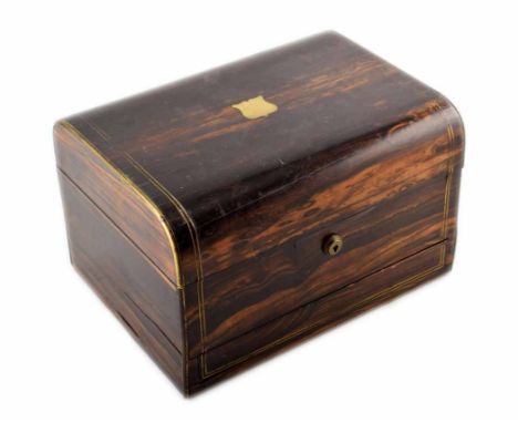 Victorian coromandel veneered sewing box. With mirror and drawer; in which the maker's name is found 'Parkins & Gott, 24 & 25