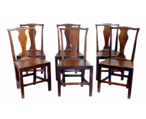 Set of six country Chippendale oak single chairs, each with vase shape splat back, solid seat, square section legs united by 
