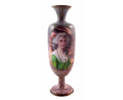Enamel vase signed Carlo,   decorated with a lady wearing a bonnet within a forest scene, late 19th century, 20cm high     Co