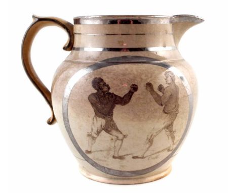 Pearlware Boxing jug circa 1812, one side printed with Molineux and Cribb boxing, the other printed with a portrait of John B